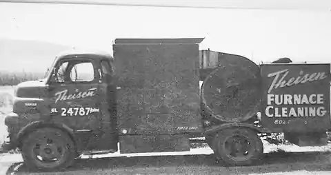 A black and white print of a Theisen Furnace Cleaning truck.