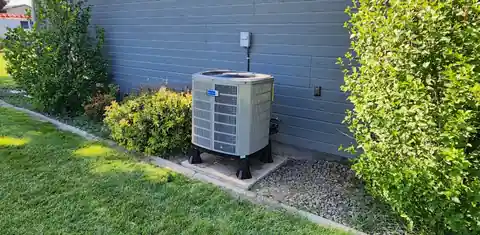 New condenser against blue siding with green lawn and shrubs